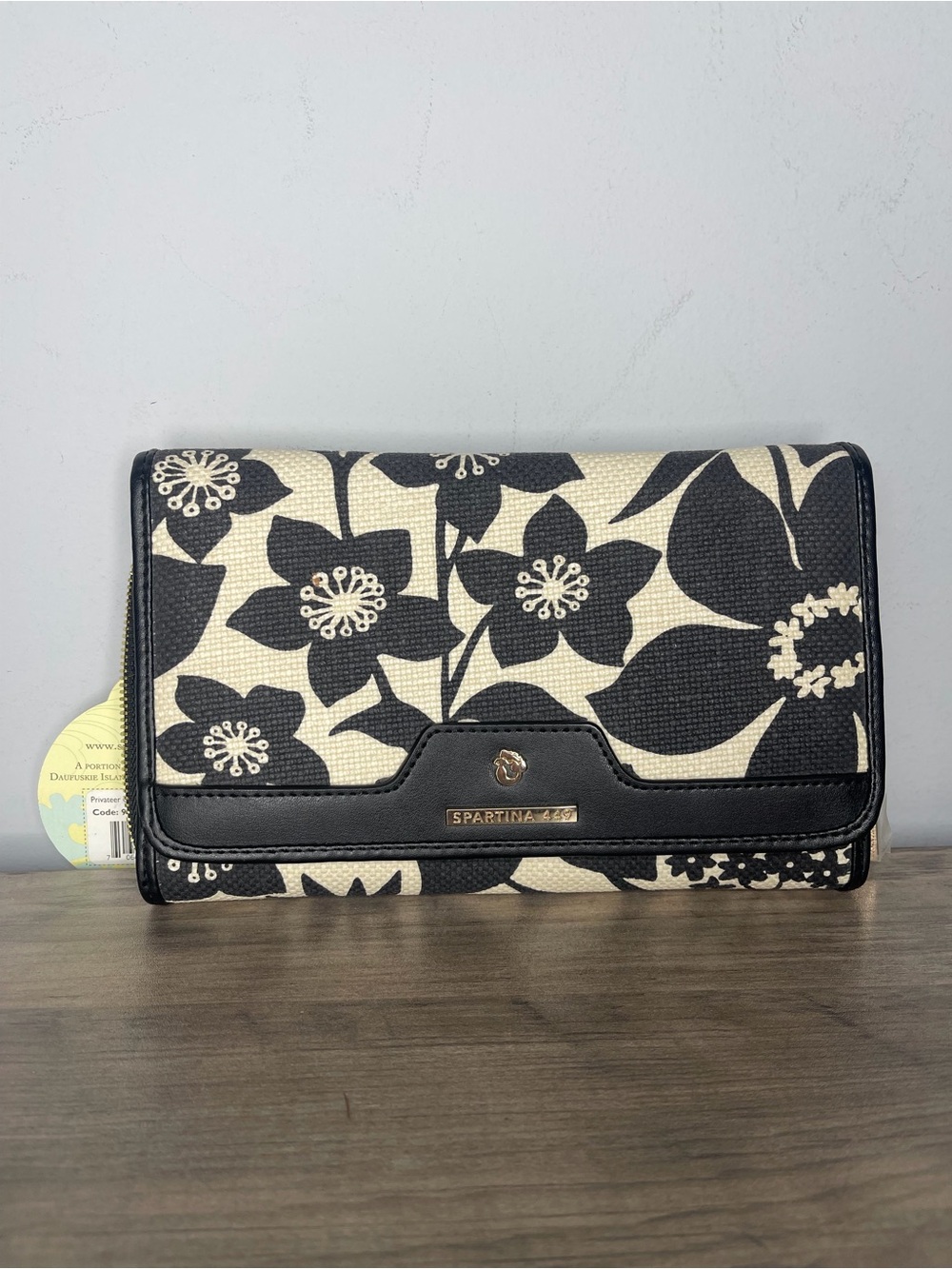 Spartina 449 snap wallet large floral linen leather black‎ new